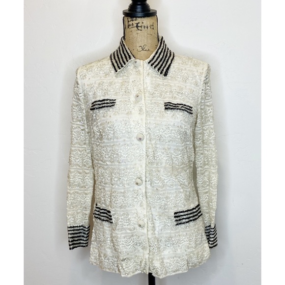 Vintage Belted Lace Button Up Shirt With Sequins and Beads - Picture 5 of 15